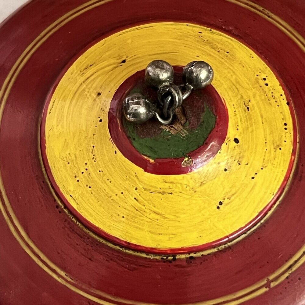 Vintage Wood Kumkum Lacquered Box Tika Powder Trinket Box Red Metal Pom Pom - Picture 4 of 17